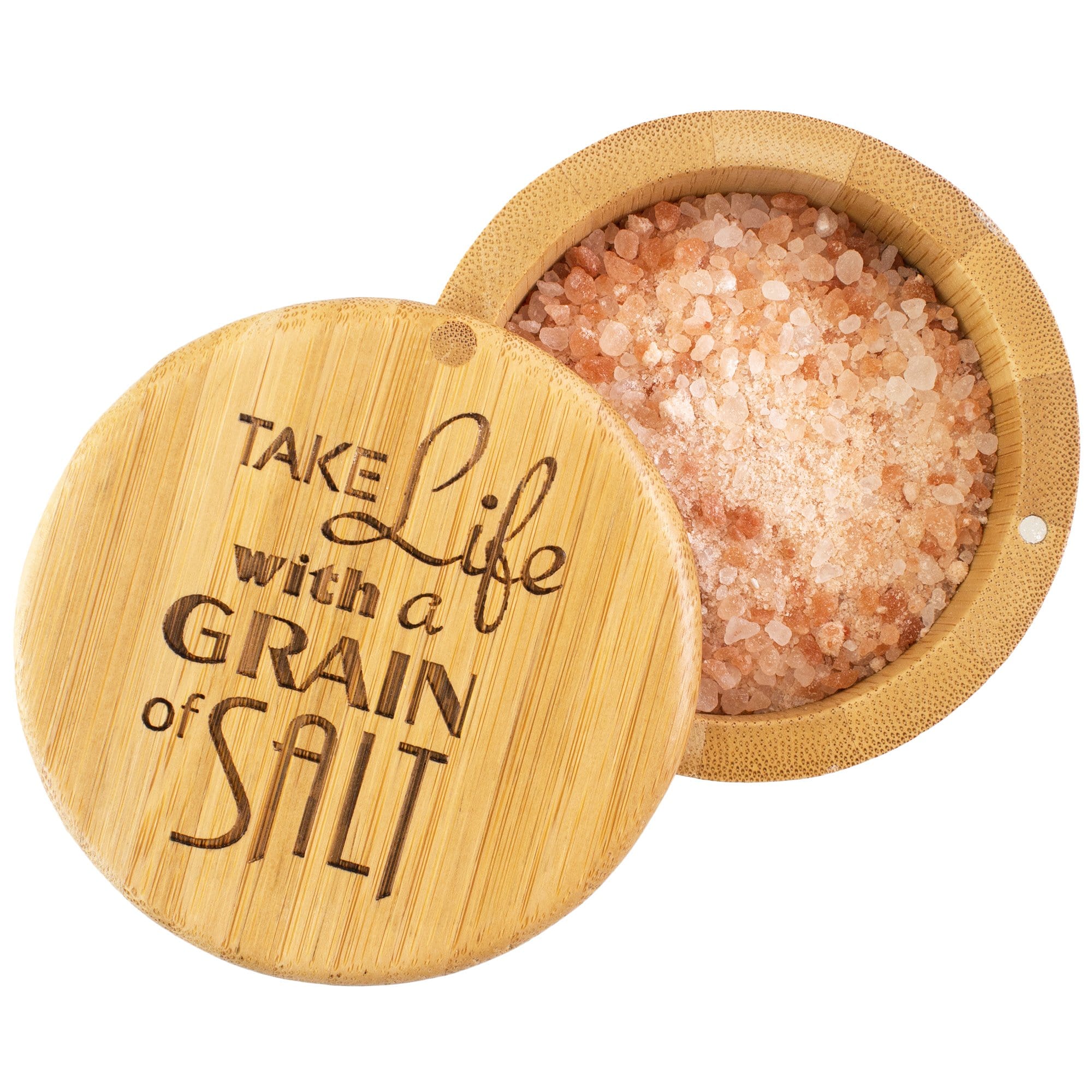 Salt Box with Magnetic Swivel Lid, Take Life with a Grain of Salt  Engraving on Lid