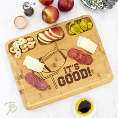 Totally Bamboo 3 Well Kitchen Prep Cutting Board with Juice Groove and "It's Good" Football Engraving