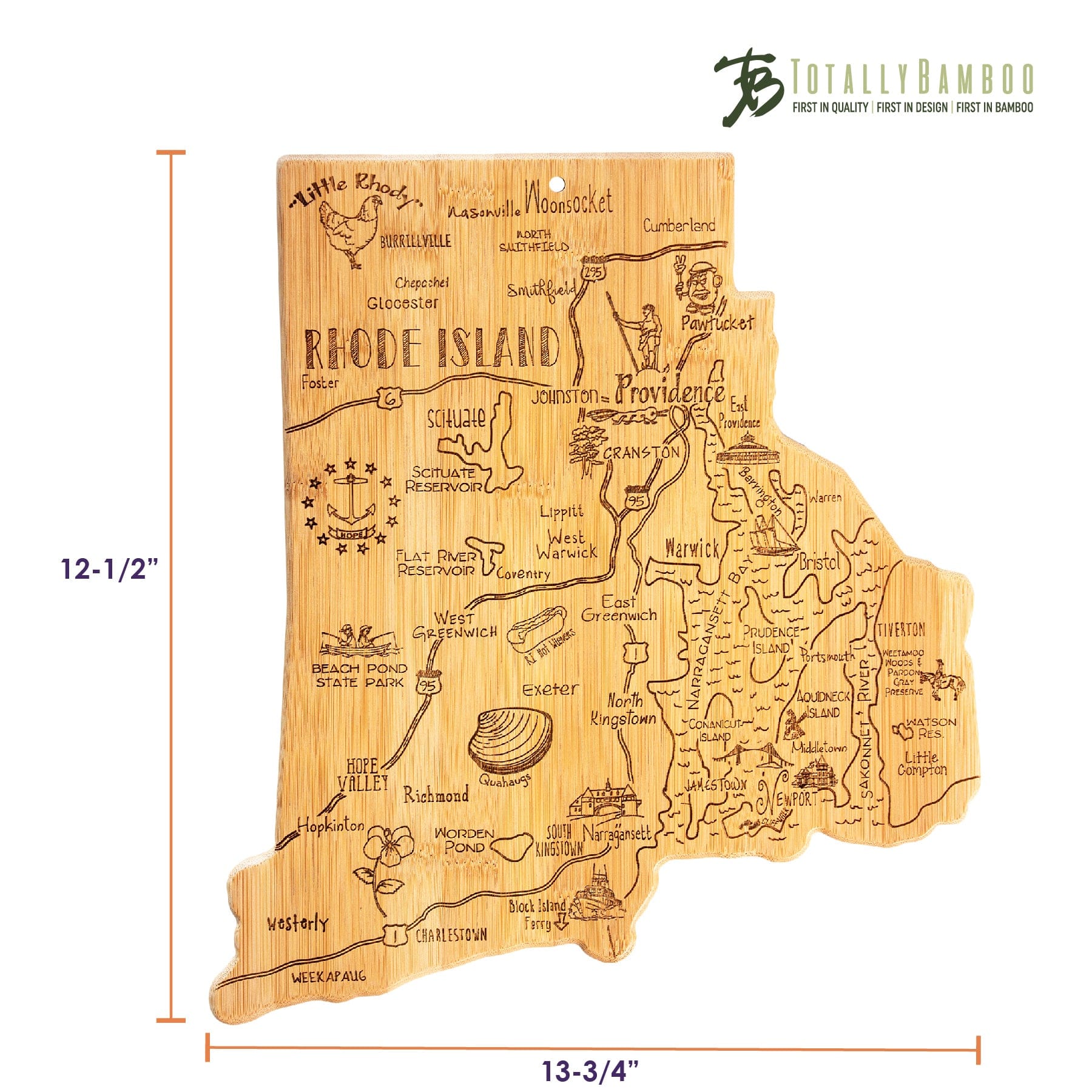 Totally Bamboo Destination Rhode Island State Shaped Bamboo Serving and Cutting Board