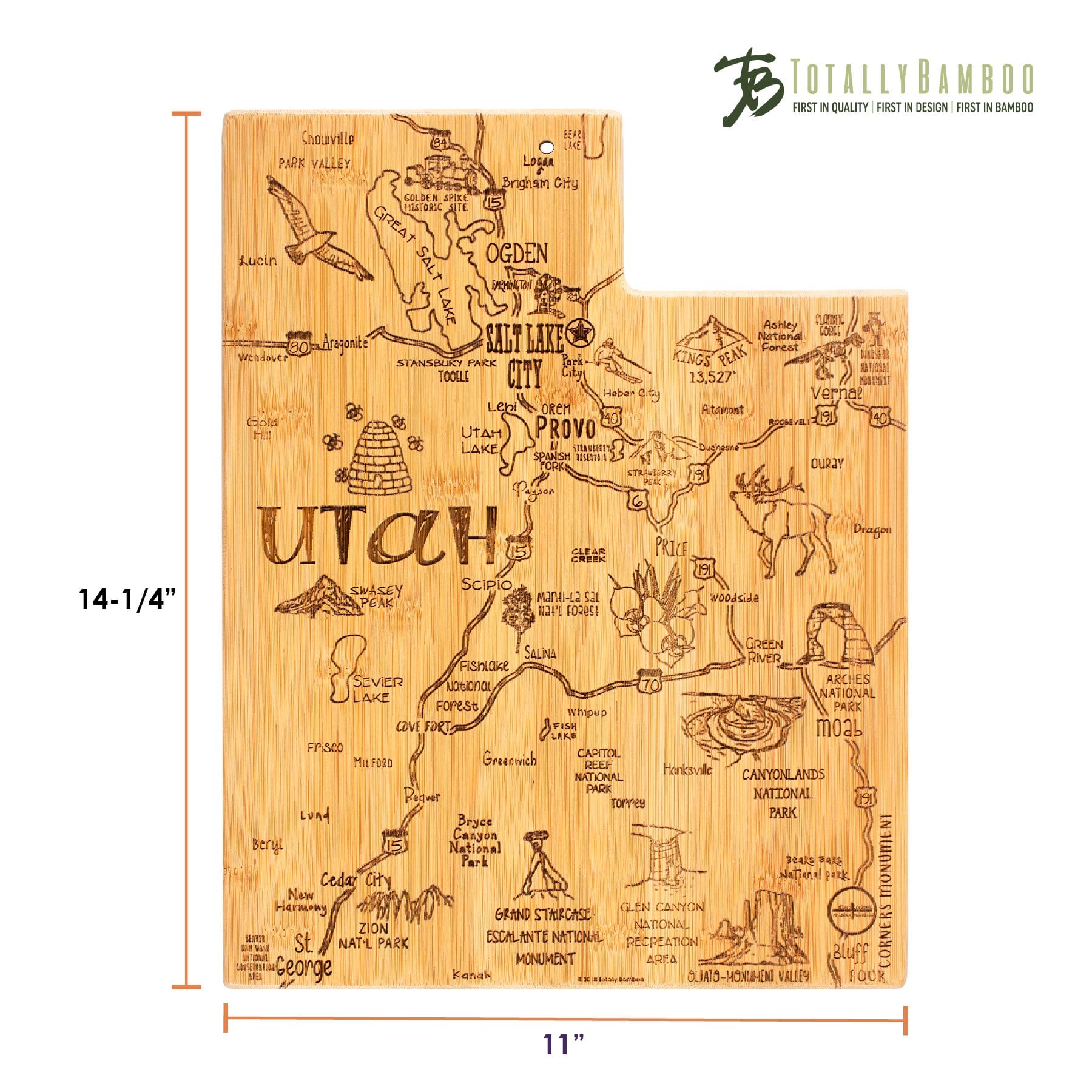 Totally Bamboo Destination Utah State Shaped Bamboo Serving and Cutting Board