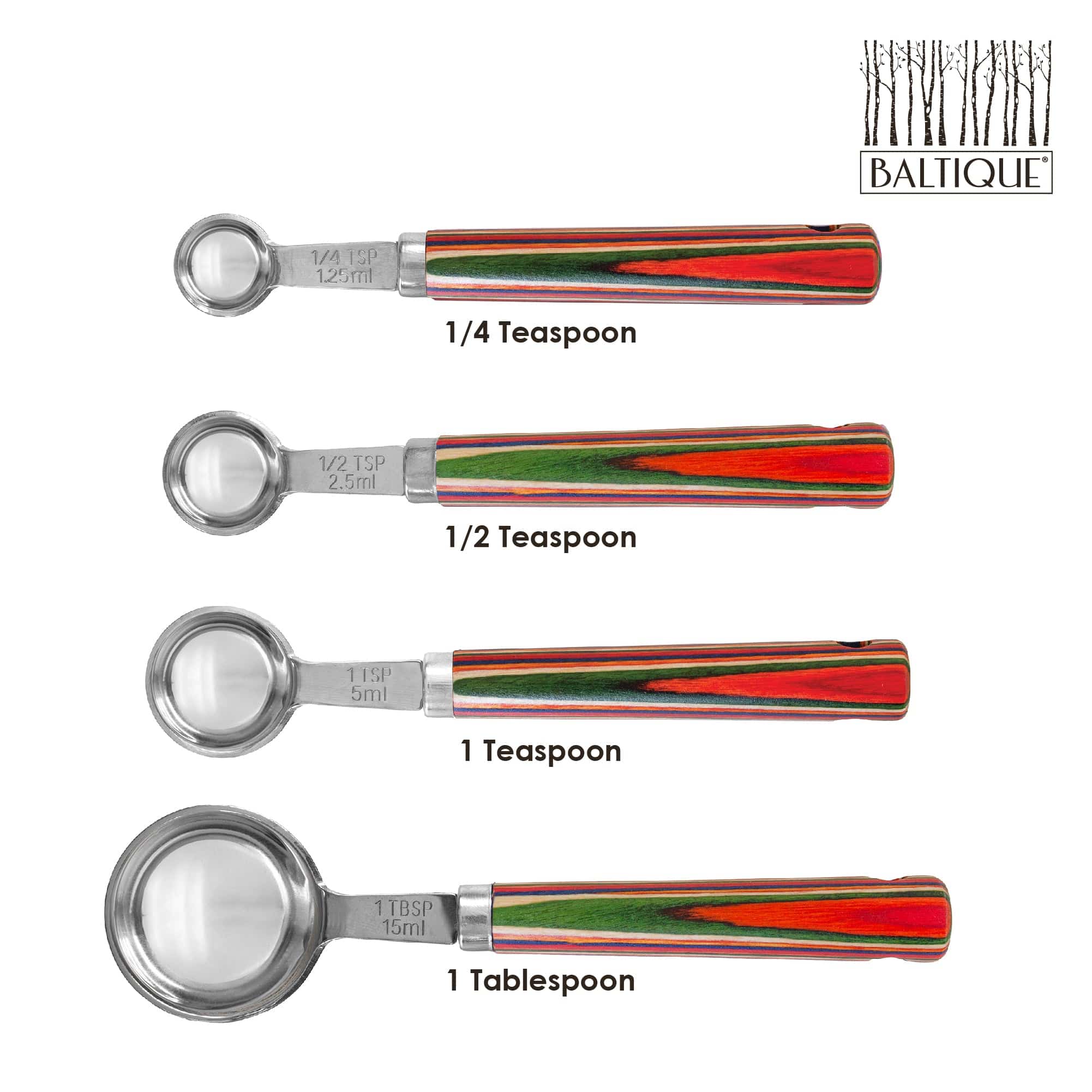 Set of 4 Measuring Spoons. 1 Tablespoon, 1 Teaspoon, 1/2 Teaspoon, 1/4  Teaspoon