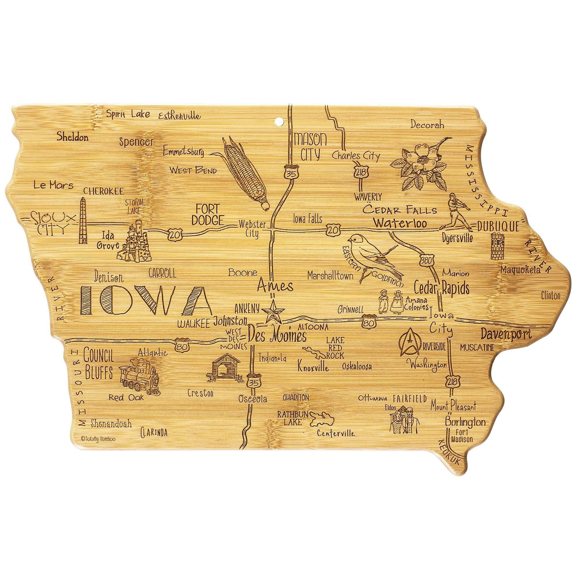 Totally Bamboo Destination Iowa State Shaped Bamboo Serving and Cutting Board