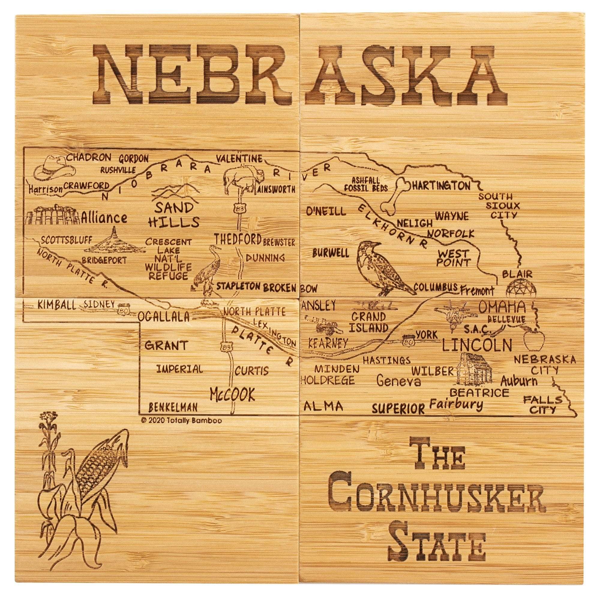 Totally Bamboo Nebraska State Puzzle 4 Piece Bamboo Coaster Set with Case