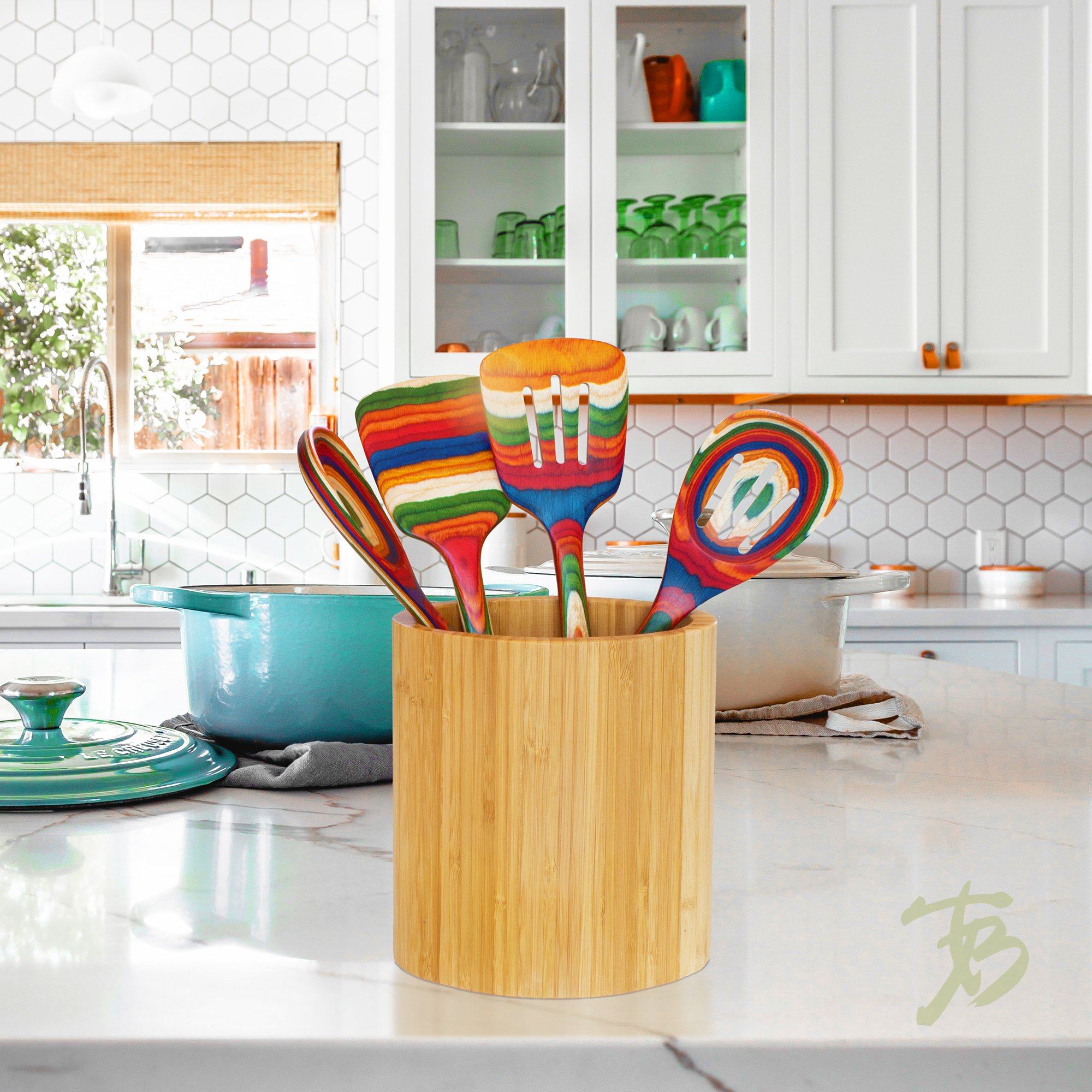 Premier Housewares Kitchen Utensil Set, Pastel Handles 5 Piece, Bamboo,  Multi/Coloured