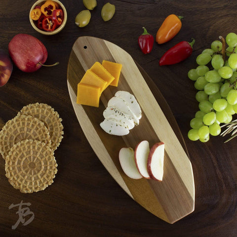 Tropical Bamboo Surfboard Shaped Cutting Board: Hibiscus Stamp