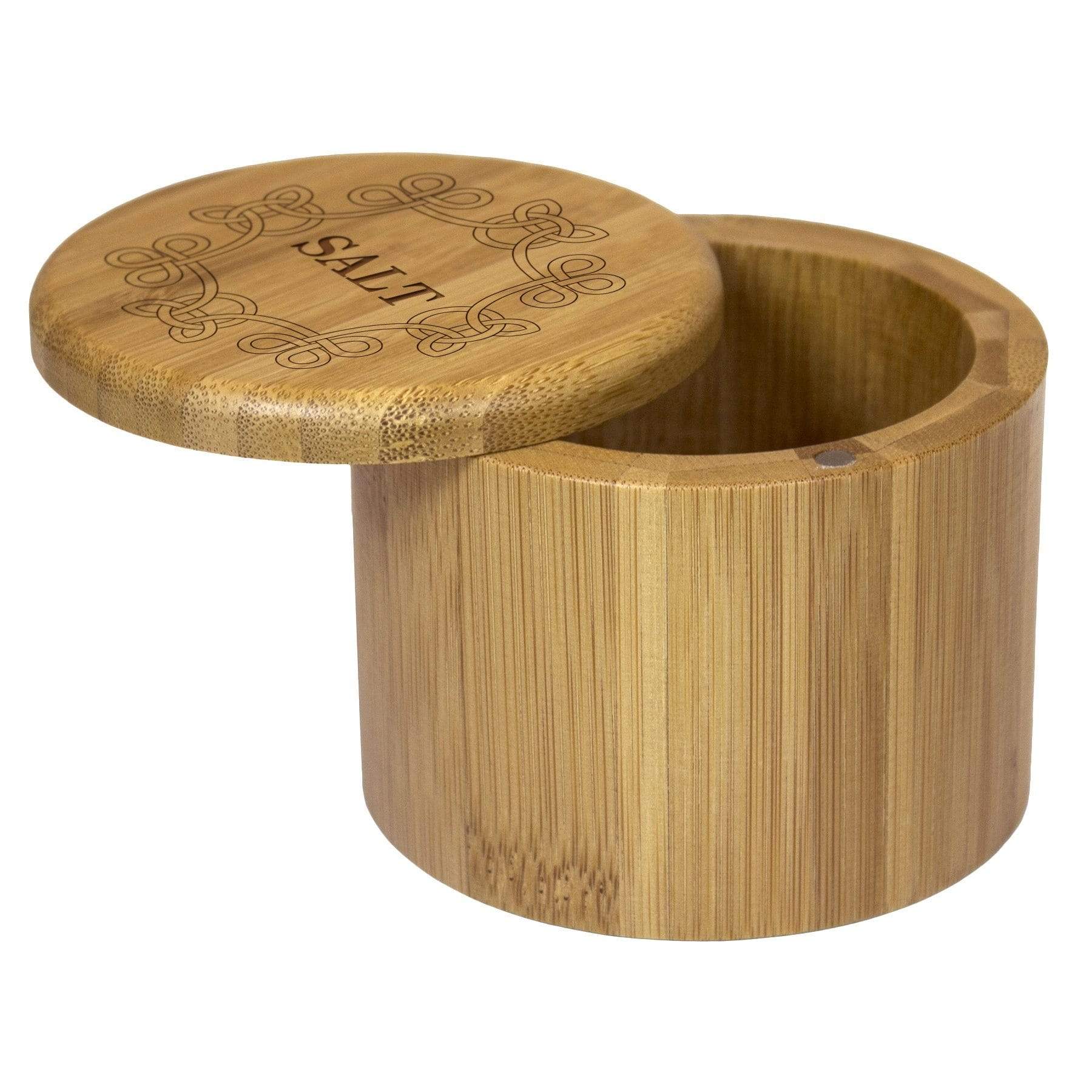 Totally Bamboo Salt Box with Magnetic Swivel Lid, Celtic Knot "Salt" Engraving on Lid