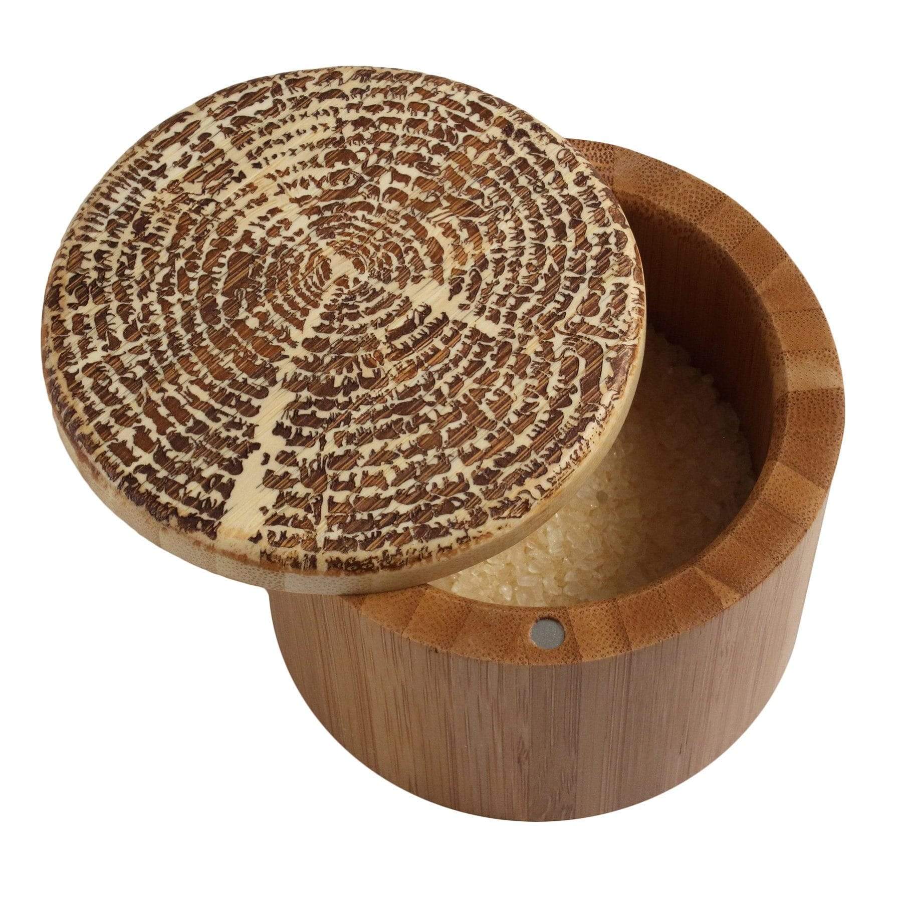 Totally Bamboo Salt Box with Magnetic Swivel Lid, "Tree of Life" Engraving on Lid