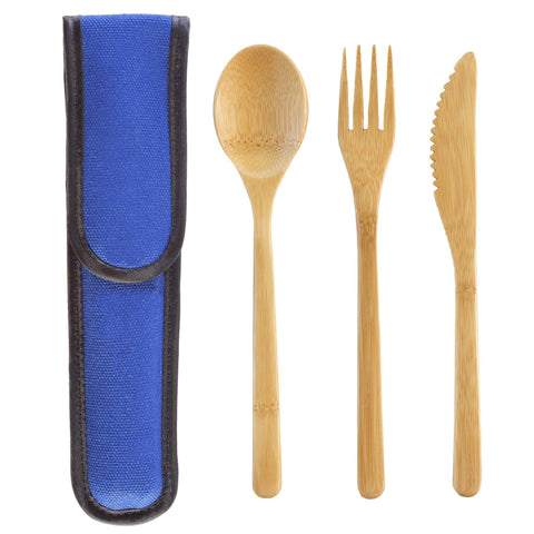 Totally Bamboo Totally Bamboo Take Along Reusable Utensil Set with Blue Travel Case | Includes Bamboo Spoon, Fork, Knife | Dishwasher Safe
