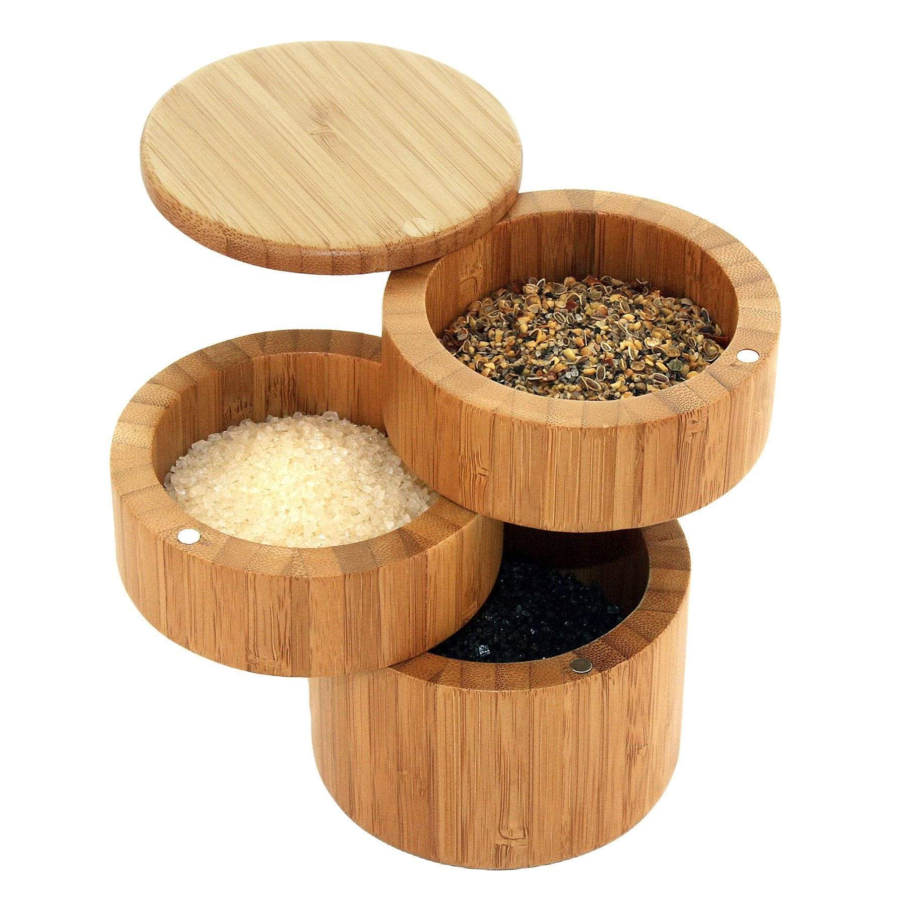 Totally Bamboo Triple Bamboo Salt Box with Magnetic Swivel Lids